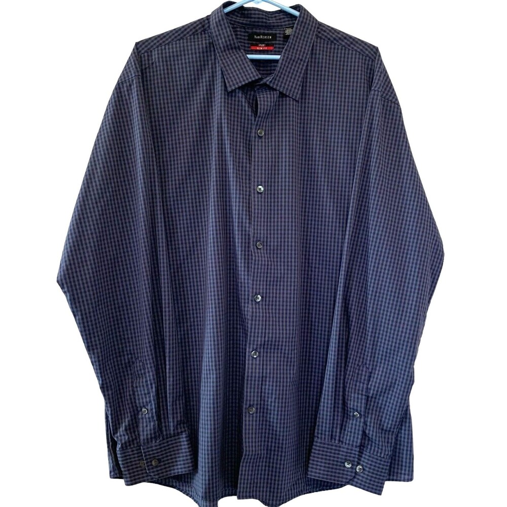 Van Heusen Flex Slim Fit Mens Shirt XXL18-18.5 Navy Blue Checkered Print Long